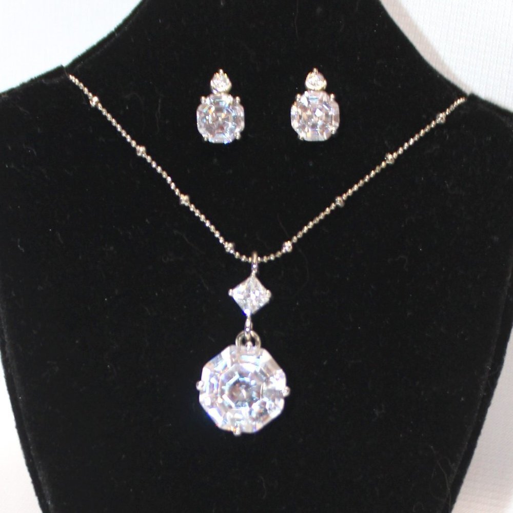 Large CZ and Silver Necklace and Earring Set